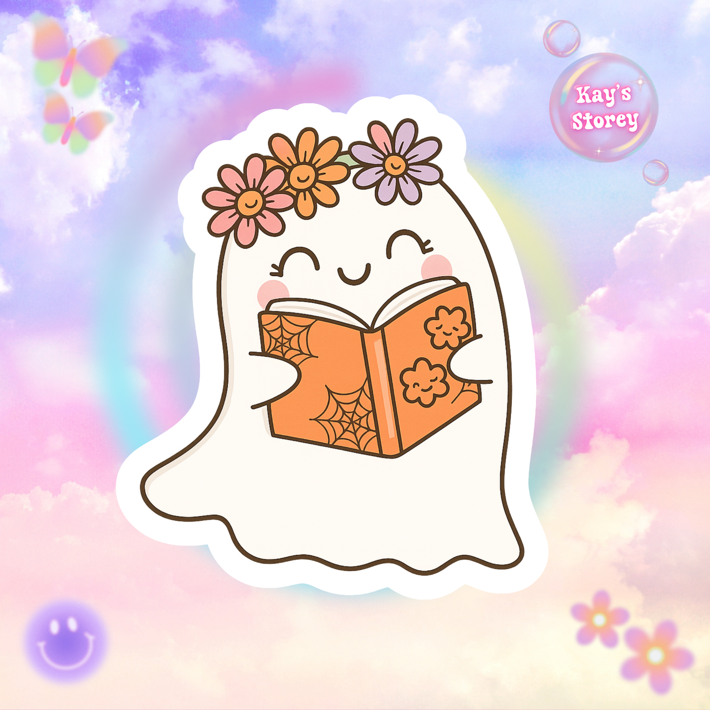 Ghostly Reading Kiss-Cut Sticker, Book Lover Sticker, Cute Sticker Set, Spooky Decals, Halloween Stickers, Vinyl Kindle Stickers