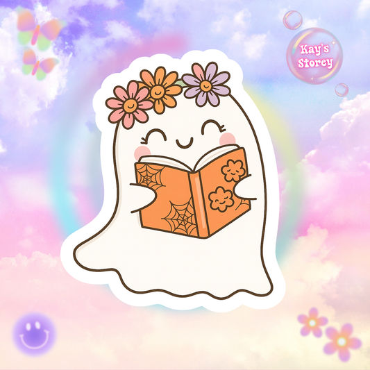 Ghostly Reading Kiss-Cut Sticker, Book Lover Sticker, Cute Sticker Set, Spooky Decals, Halloween Stickers, Vinyl Kindle Stickers