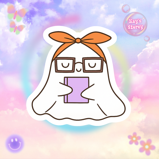 Ghost in Glasses Reading Kiss-Cut Sticker, Book Lover Sticker, Cute Sticker Set, Spooky Decals, Halloween Stickers, Vinyl Kindle Stickers