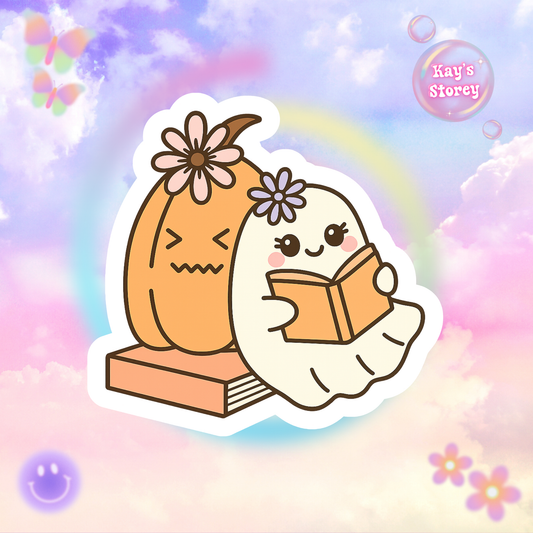 Ghost & Pumpkin Kiss-Cut Sticker, Book Lover Sticker, Cute Sticker Set, Spooky Decals, Halloween Stickers, Vinyl Kindle Stickers