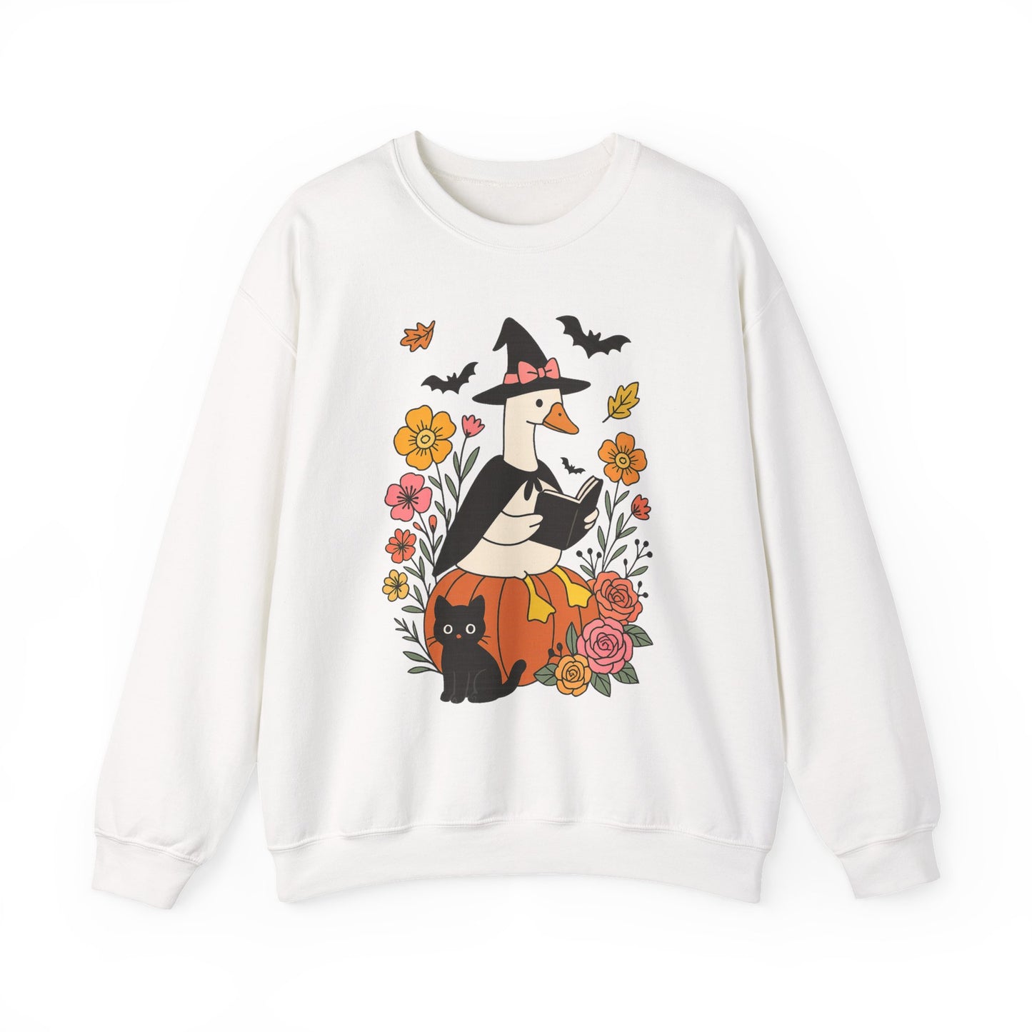 Spooky Goose Reading & Black Cat Sweatshirt, Long Sleeve Shirt for Spooky Season Bookish Gift,  Halloween Reading Apparel