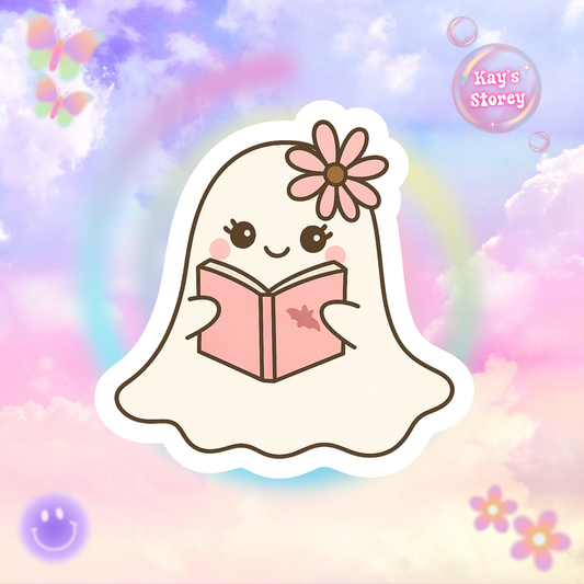 Pink Floral Ghostly Reading Kiss-Cut Sticker, Book Lover Sticker, Cute Sticker Set, Spooky Decals, Halloween Stickers, Vinyl Kindle Stickers