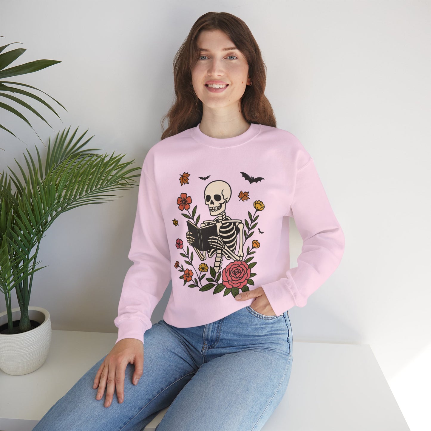 Reading Skeleton Sweatshirt, Long Sleeve Shirt for Spooky Season Bookish Gift,  Halloween Reading Apparel