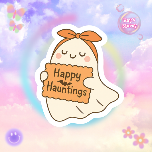 Happy Hauntings Ghost Kiss-Cut Sticker, Book Lover Sticker, Cute Sticker Set, Spooky Decals, Halloween Stickers, Vinyl Kindle Stickers