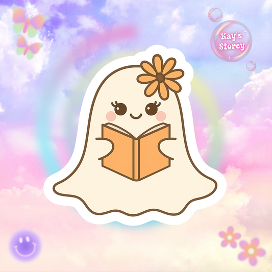 Floral Ghostly Reading Kiss-Cut Sticker, Book Lover Sticker, Cute Sticker Set, Spooky Decals, Halloween Stickers, Vinyl Kindle Stickers