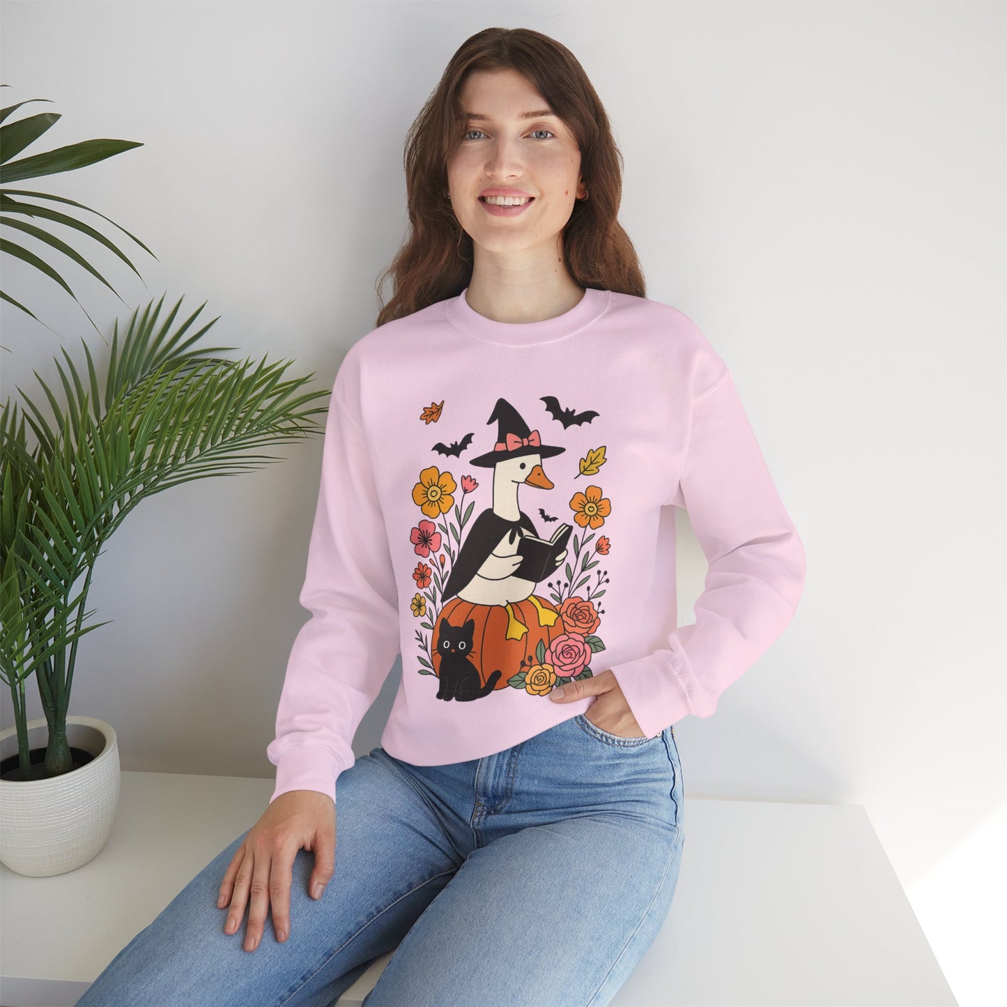 Spooky Goose Reading & Black Cat Sweatshirt, Long Sleeve Shirt for Spooky Season Bookish Gift,  Halloween Reading Apparel