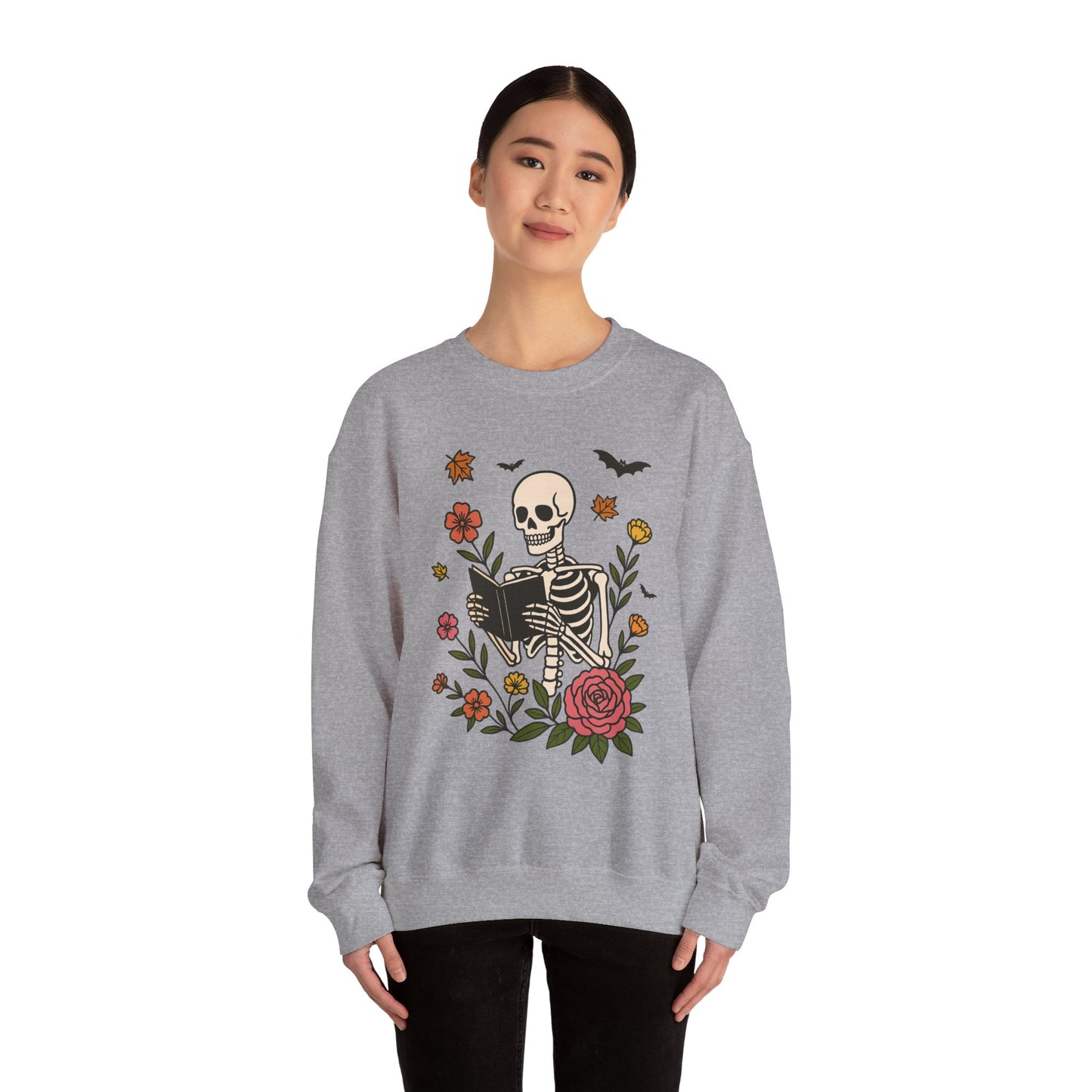 Reading Skeleton Sweatshirt, Long Sleeve Shirt for Spooky Season Bookish Gift,  Halloween Reading Apparel