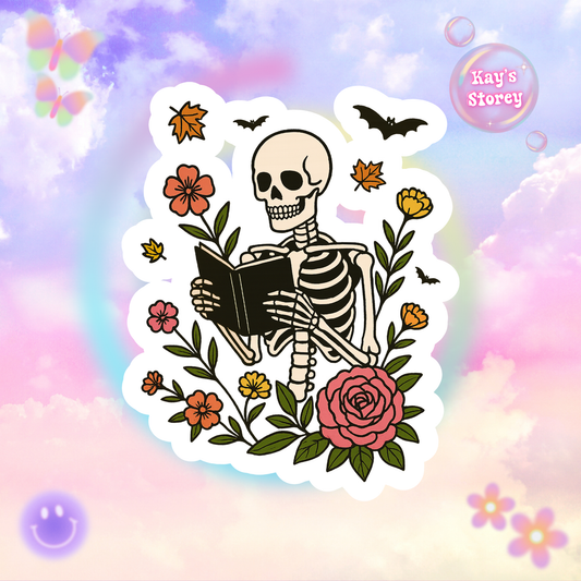 Skeleton Reading Kiss-Cut Sticker, Book Lover Sticker, Cute Sticker Set, Spooky Decals, Halloween Stickers, Vinyl Ghost Stickers