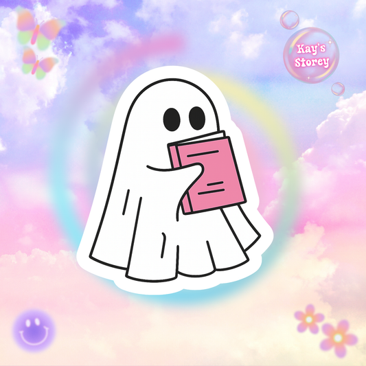 Pink Ghost Reading Kiss-Cut Sticker, Book Lover Sticker, Cute Sticker Set, Spooky Decals, Halloween Stickers, Vinyl Kindle Stickers