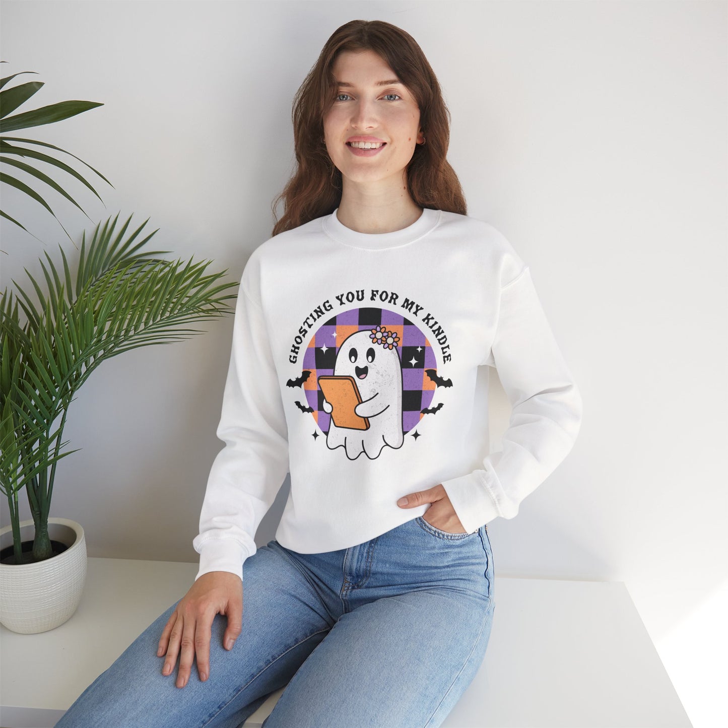 Ghosting You For My Kindle Sweatshirt, Long Sleeve Shirt for Spooky Season Bookish Gift,  Halloween Reading Apparel