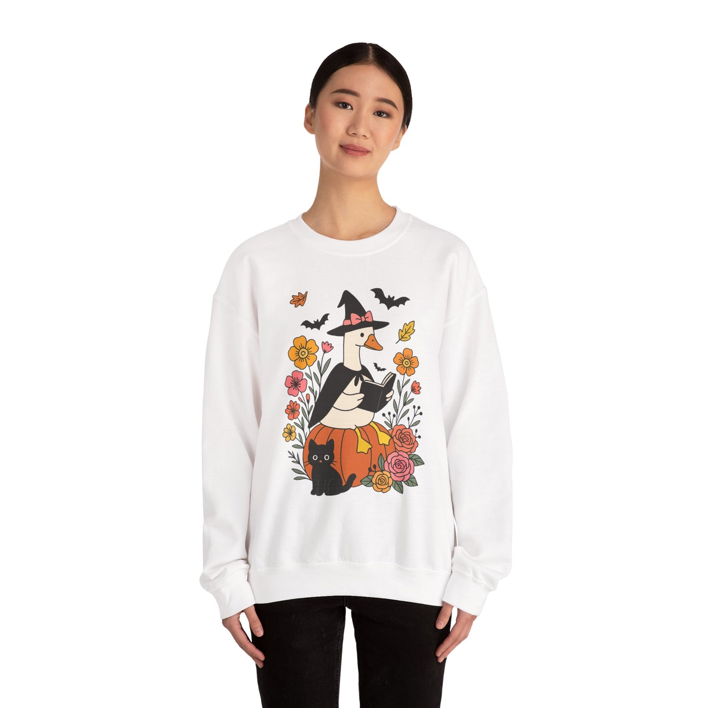 Spooky Goose Reading & Black Cat Sweatshirt, Long Sleeve Shirt for Spooky Season Bookish Gift,  Halloween Reading Apparel
