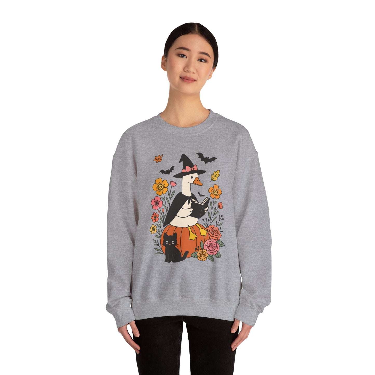 Spooky Goose Reading & Black Cat Sweatshirt, Long Sleeve Shirt for Spooky Season Bookish Gift,  Halloween Reading Apparel
