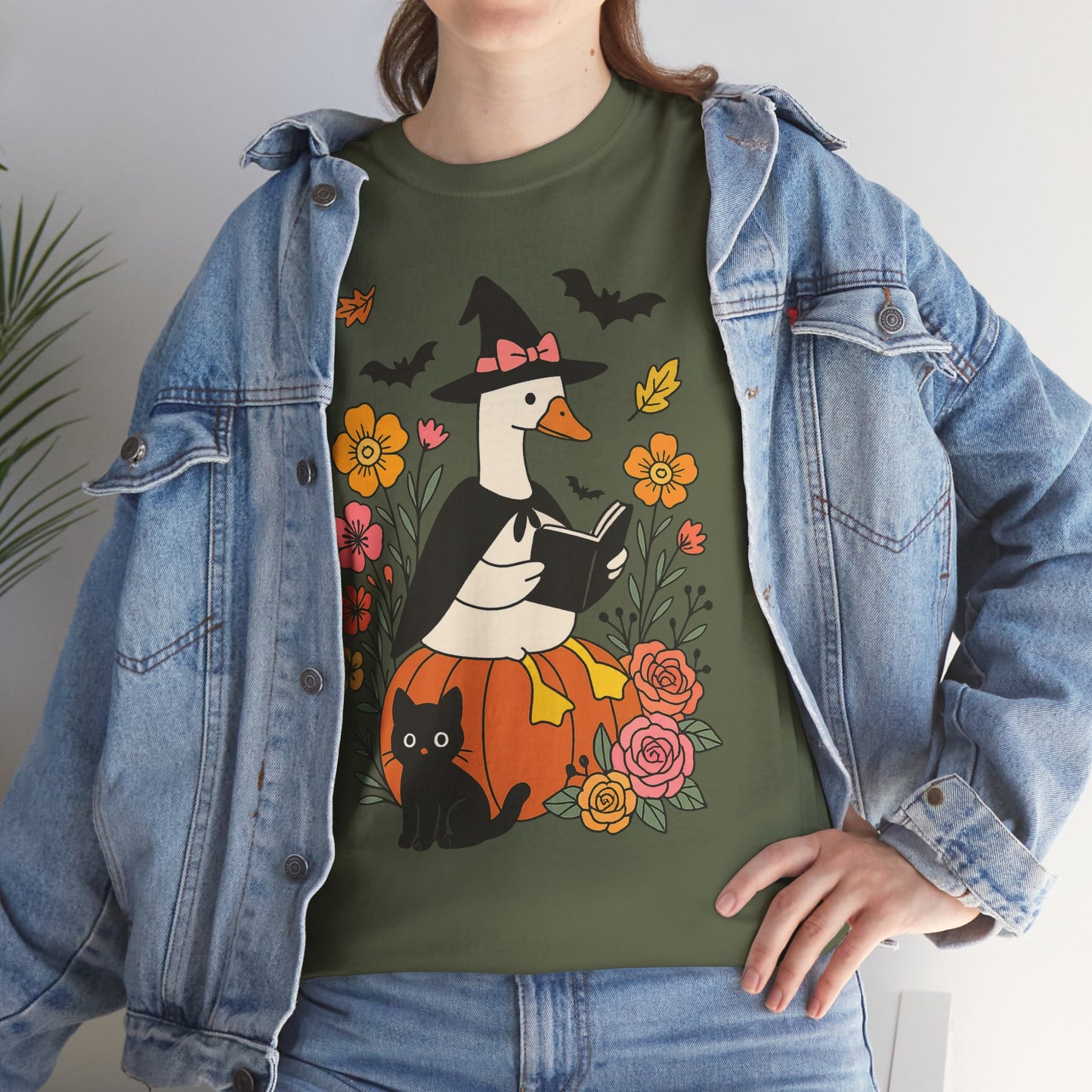 Spooky Goose Reading and Black Cat Tee - Halloween Gift