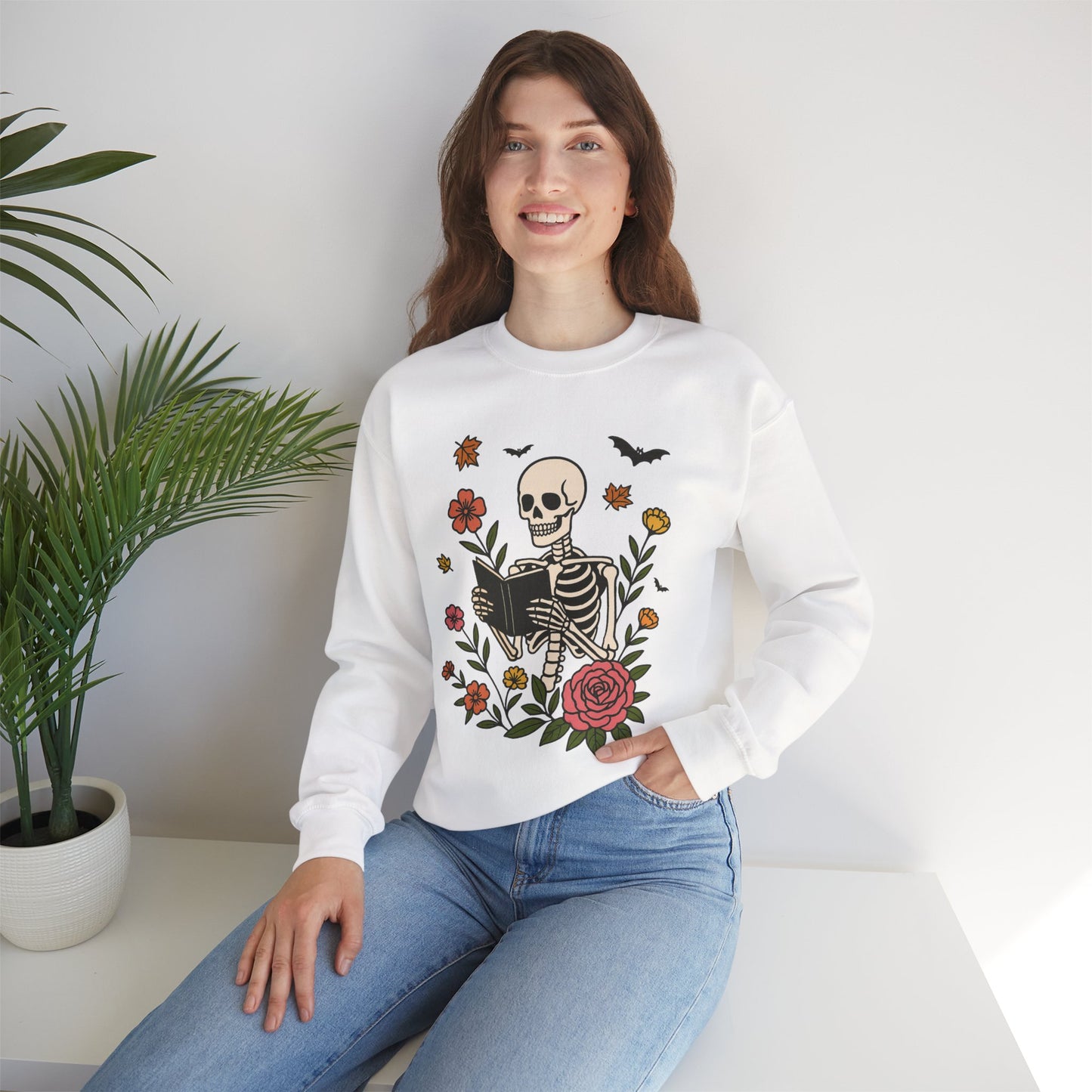 Reading Skeleton Sweatshirt, Long Sleeve Shirt for Spooky Season Bookish Gift,  Halloween Reading Apparel
