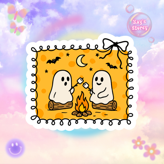 Ghost Marshmallow Roast Sticker - Kiss-Cut Stickers, Halloween Sticker, Cute Ghost Design, Spooky Sticker, Decorative Sticker for Journals