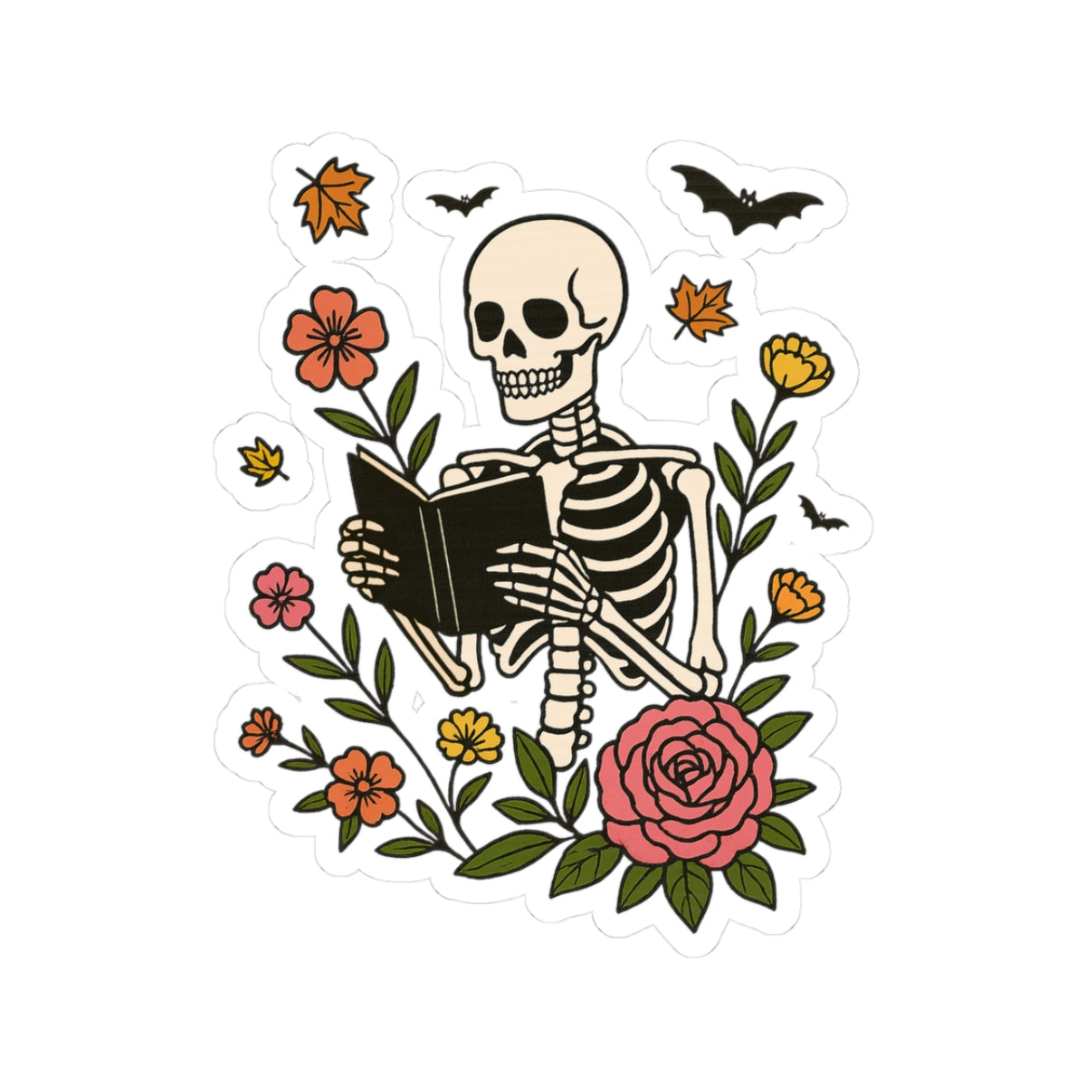 Skeleton Reading Kiss-Cut Sticker, Book Lover Sticker, Cute Sticker Set, Spooky Decals, Halloween Stickers, Vinyl Ghost Stickers