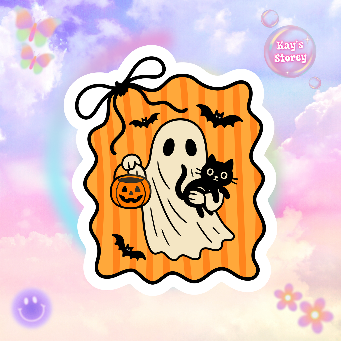 Ghost and Black Cat Sticker - Kiss-Cut Stickers, Halloween Sticker, Cute Ghost Design, Spooky Sticker, Decorative Sticker for Journals