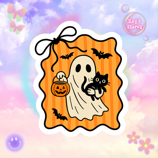 Ghost and Black Cat Sticker - Kiss-Cut Stickers, Halloween Sticker, Cute Ghost Design, Spooky Sticker, Decorative Sticker for Journals