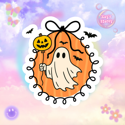 Ghost with Balloon Sticker - Kiss-Cut Stickers, Halloween Sticker, Cute Ghost Design, Spooky Sticker, Decorative Sticker for Journals