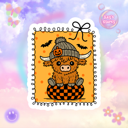 Cute Highland Cow Sticker - Kiss-Cut Stickers, Halloween Sticker, Cute Ghost Design, Spooky Sticker, Decorative Sticker for Journals