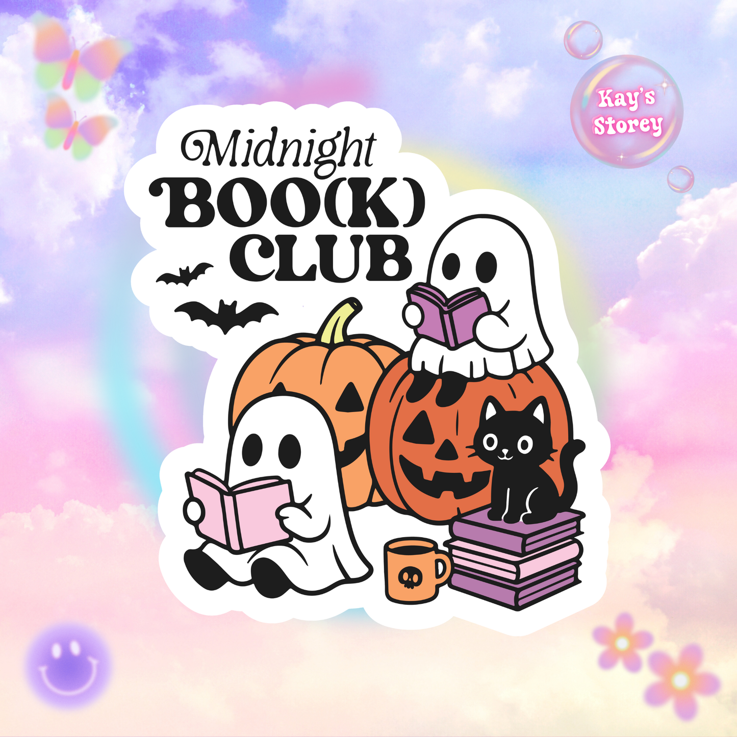 Midnight Boo(k) Club Sticker - Kiss-Cut Stickers, Halloween Sticker, Cute Ghost Design, Spooky Sticker, Decorative Sticker for Journals