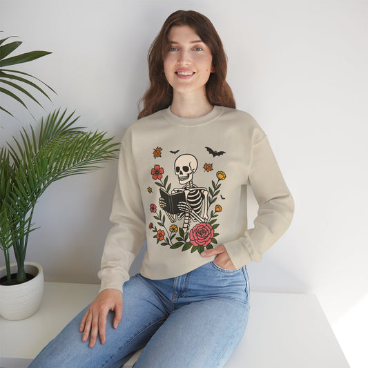 Reading Skeleton Sweatshirt, Long Sleeve Shirt for Spooky Season Bookish Gift,  Halloween Reading Apparel