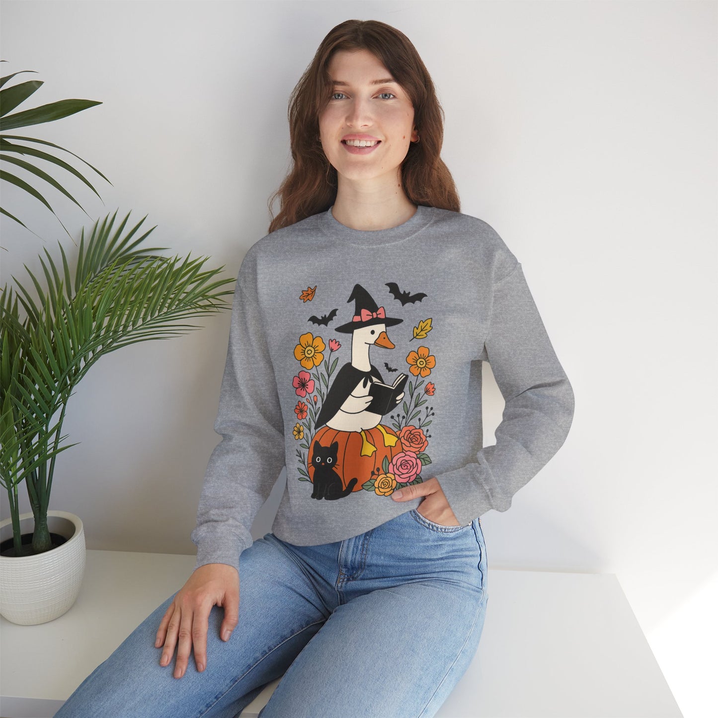 Spooky Goose Reading & Black Cat Sweatshirt, Long Sleeve Shirt for Spooky Season Bookish Gift,  Halloween Reading Apparel