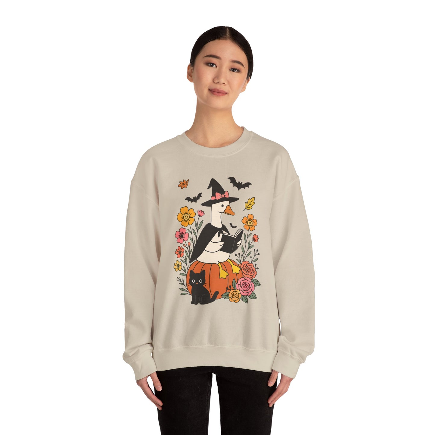 Spooky Goose Reading & Black Cat Sweatshirt, Long Sleeve Shirt for Spooky Season Bookish Gift,  Halloween Reading Apparel
