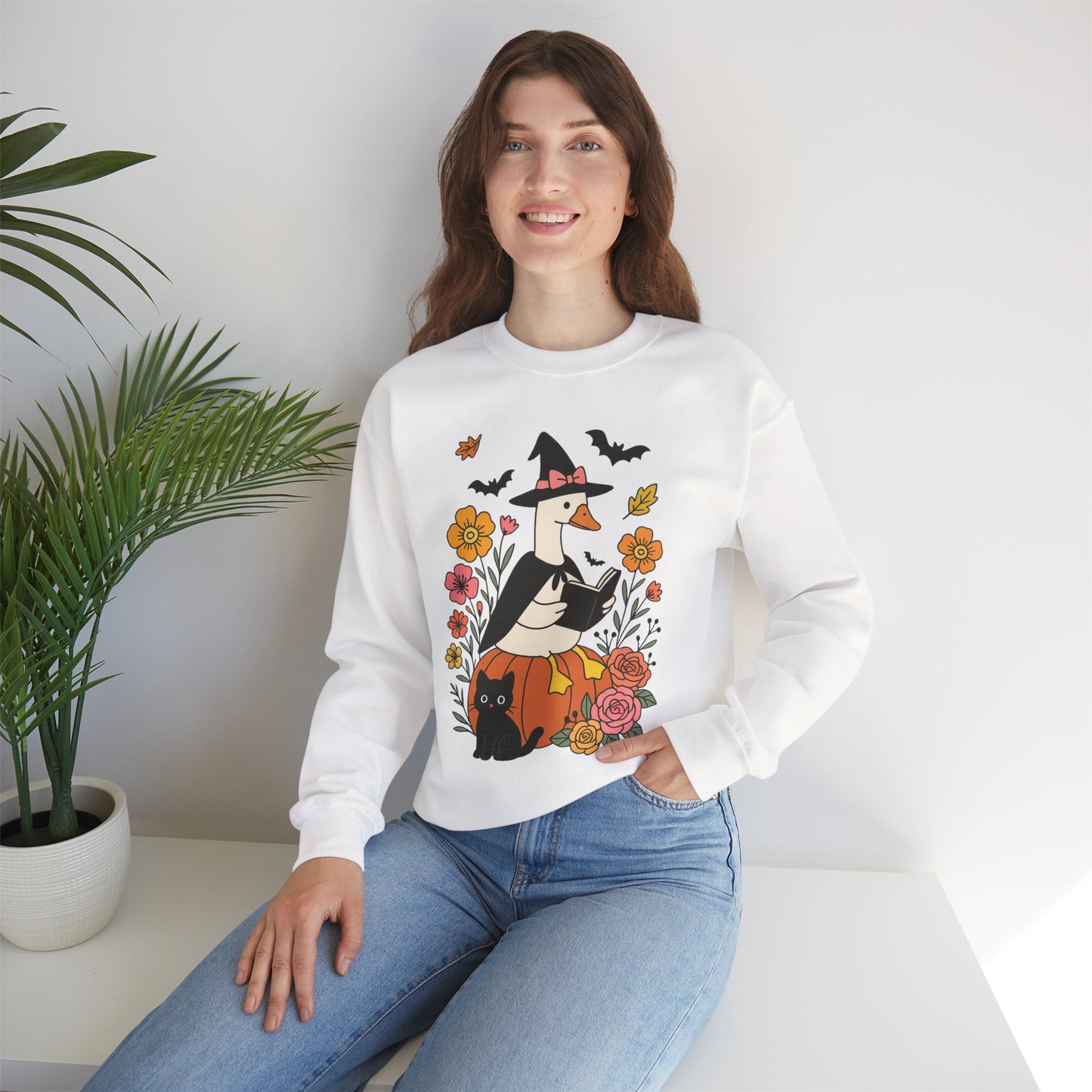 Spooky Goose Reading & Black Cat Sweatshirt, Long Sleeve Shirt for Spooky Season Bookish Gift,  Halloween Reading Apparel