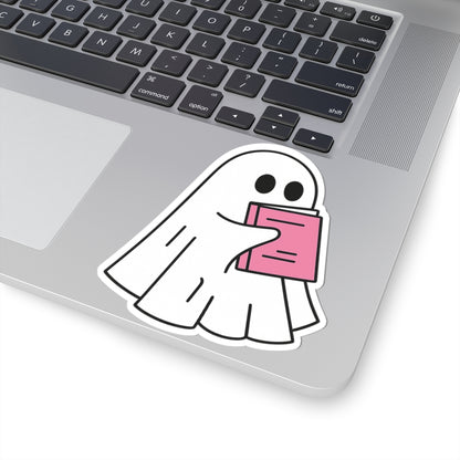 Pink Ghost Reading Kiss-Cut Sticker, Book Lover Sticker, Cute Sticker Set, Spooky Decals, Halloween Stickers, Vinyl Kindle Stickers