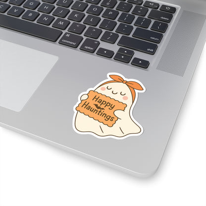 Happy Hauntings Ghost Kiss-Cut Sticker, Book Lover Sticker, Cute Sticker Set, Spooky Decals, Halloween Stickers, Vinyl Kindle Stickers