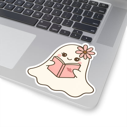 Pink Floral Ghostly Reading Kiss-Cut Sticker, Book Lover Sticker, Cute Sticker Set, Spooky Decals, Halloween Stickers, Vinyl Kindle Stickers
