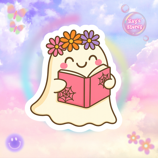 Floral Ghostly Reading Kiss-Cut Sticker, Book Lover Sticker, Cute Sticker Set, Spooky Decals, Halloween Stickers, Vinyl Kindle Stickers