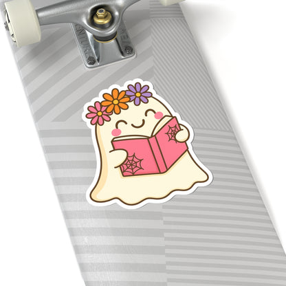 Floral Ghostly Reading Kiss-Cut Sticker, Book Lover Sticker, Cute Sticker Set, Spooky Decals, Halloween Stickers, Vinyl Kindle Stickers