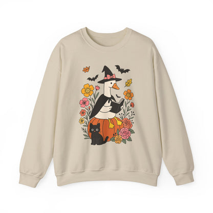 Spooky Goose Reading & Black Cat Sweatshirt, Long Sleeve Shirt for Spooky Season Bookish Gift,  Halloween Reading Apparel