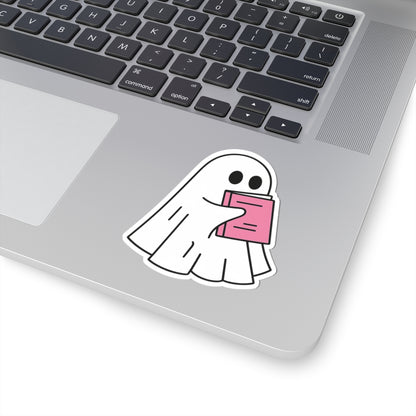 Pink Ghost Reading Kiss-Cut Sticker, Book Lover Sticker, Cute Sticker Set, Spooky Decals, Halloween Stickers, Vinyl Kindle Stickers