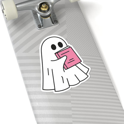 Pink Ghost Reading Kiss-Cut Sticker, Book Lover Sticker, Cute Sticker Set, Spooky Decals, Halloween Stickers, Vinyl Kindle Stickers