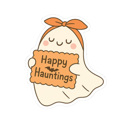Happy Hauntings Ghost Kiss-Cut Sticker, Book Lover Sticker, Cute Sticker Set, Spooky Decals, Halloween Stickers, Vinyl Kindle Stickers