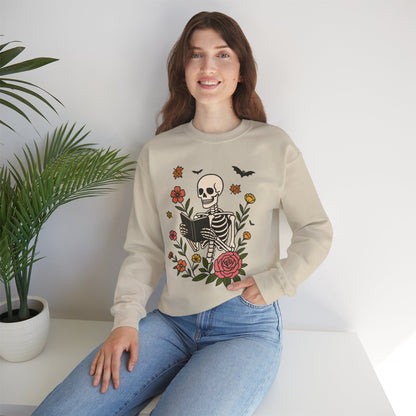 Reading Skeleton Sweatshirt, Long Sleeve Shirt for Spooky Season Bookish Gift,  Halloween Reading Apparel